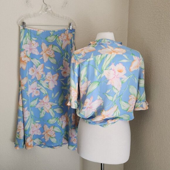 Vintage Lauren Ralph Lauren Floral Silk Blouse Maxi Skirt 2-PC Set Large 14 Wrap - Picture 5 of 16